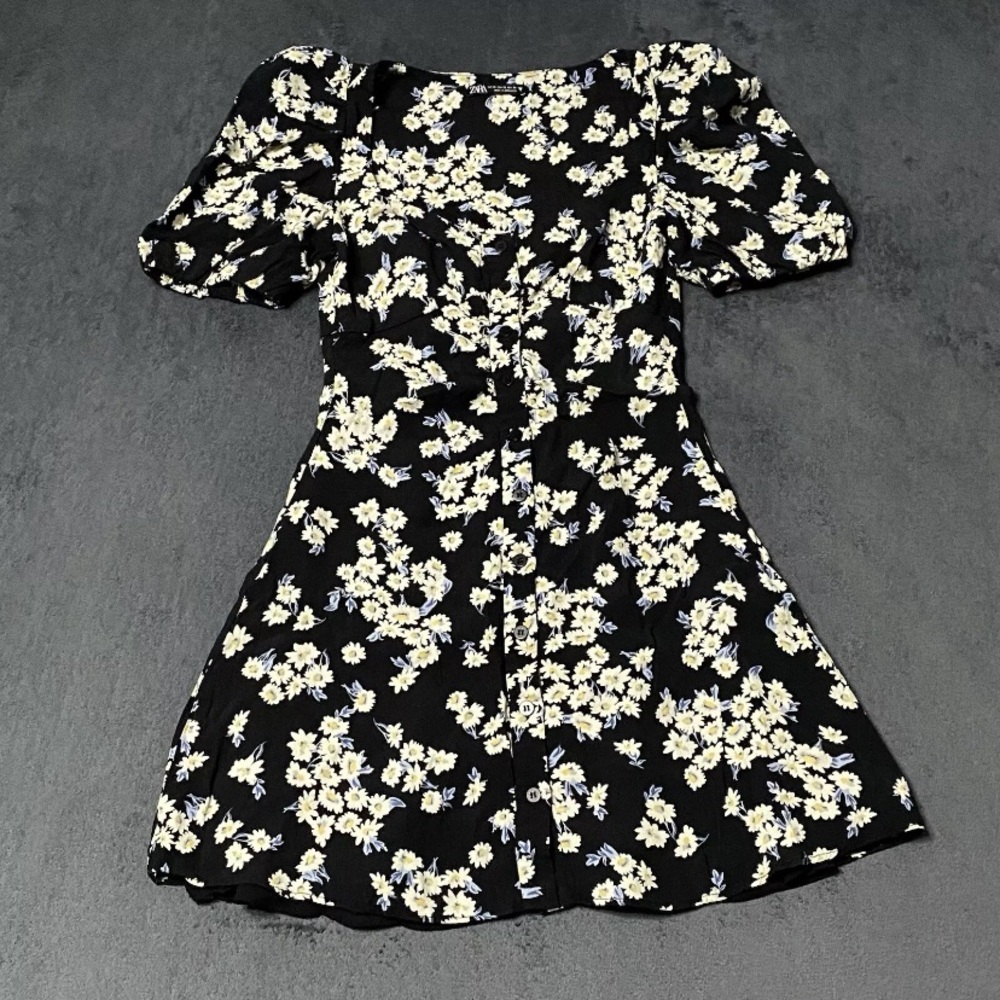 Zara Dress Womens XS Coquette Puff Sleeve Mini Floral Cottage Babydoll Button Up